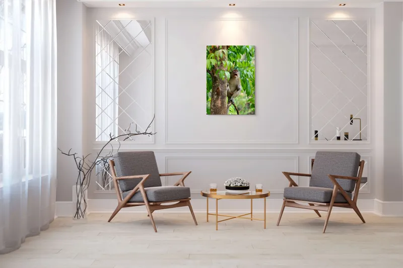 Tablou Canvas, "Maimuța cântă sub ploaia tropicală", Nu pot să identific persoanele sau animalele din imagini. Dar, iată câteva cuvinte care să potrivească cu imaginea: Maimuță, Copac, Frunze, Natură, Verde., 70 x 100 cm – poza 8