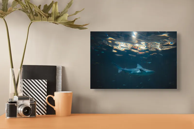 Tablou Canvas, "Rechin singuratic în adâncurile oceanului", Mister, Grație, Lumină, Adâncime, Reflexii, Serenitate, Prădător, Ocean, Albastru, Contemplare, 39 x 26 cm – poza 3