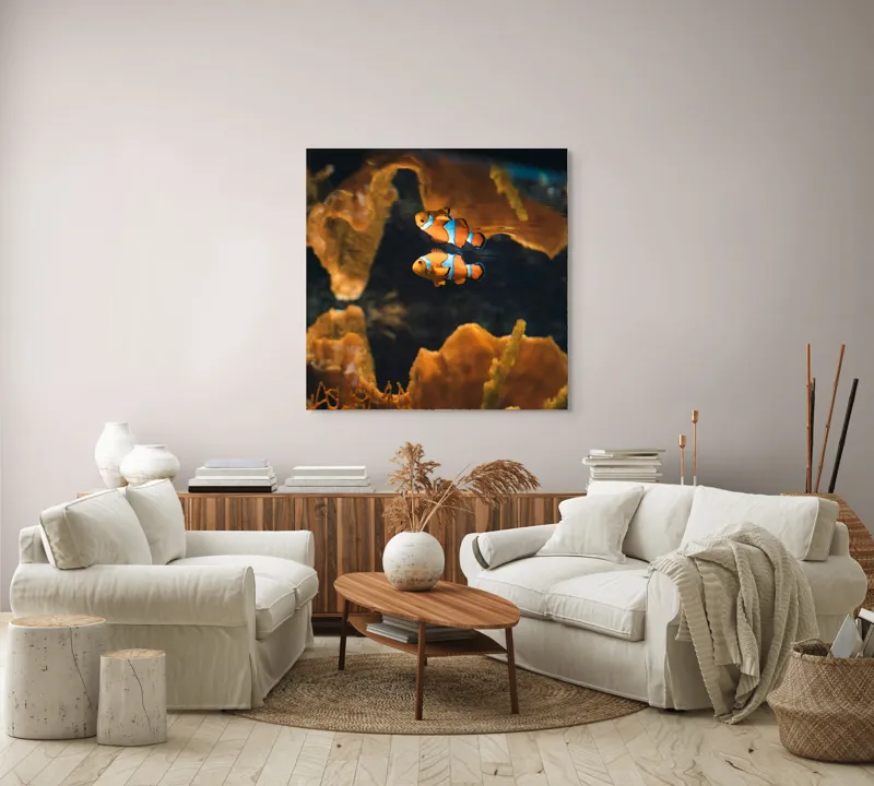 Tablou Canvas, "Pești clovn în adâncuri marine", Pești, Clovn, Coral, Acvariu, Ocean, Portocaliu, Alb, Negru, 100 x 100 cm – poza 3