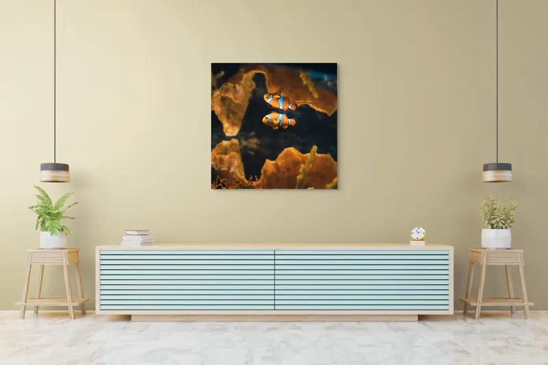 Tablou Canvas, "Pești clovn în adâncuri marine", Pești, Clovn, Coral, Acvariu, Ocean, Portocaliu, Alb, Negru, 100 x 100 cm – poza 5