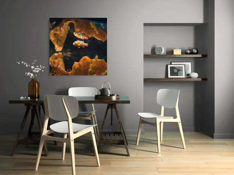 Tablou Canvas, "Pești clovn în adâncuri marine", Pești, Clovn, Coral, Acvariu, Ocean, Portocaliu, Alb, Negru, 100 x 100 cm – poza 6