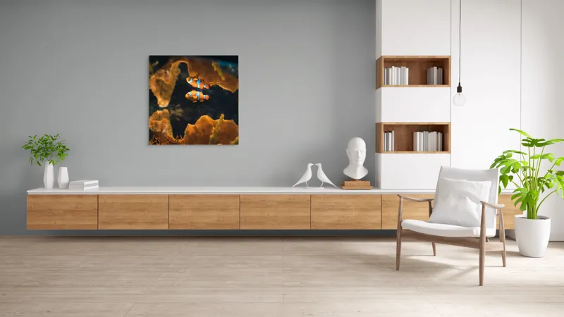 Tablou Canvas, "Pești clovn în adâncuri marine", Pești, Clovn, Coral, Acvariu, Ocean, Portocaliu, Alb, Negru, 100 x 100 cm – poza 8