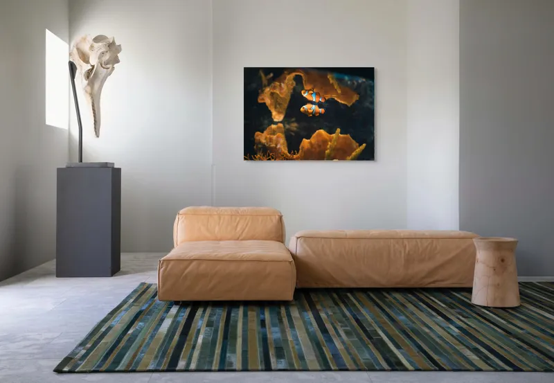 Tablou Canvas, "Pești clovn în adâncuri marine", Pești, Clovn, Coral, Acvariu, Ocean, Portocaliu, Alb, Negru, 100 x 70 cm – poza 7
