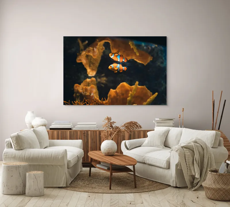 Tablou Canvas, "Pești clovn în adâncuri marine", Pești, Clovn, Coral, Acvariu, Ocean, Portocaliu, Alb, Negru, 150 x 100 cm – poza 3