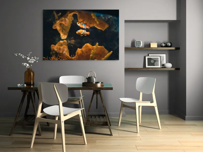 Tablou Canvas, "Pești clovn în adâncuri marine", Pești, Clovn, Coral, Acvariu, Ocean, Portocaliu, Alb, Negru, 150 x 100 cm – poza 5