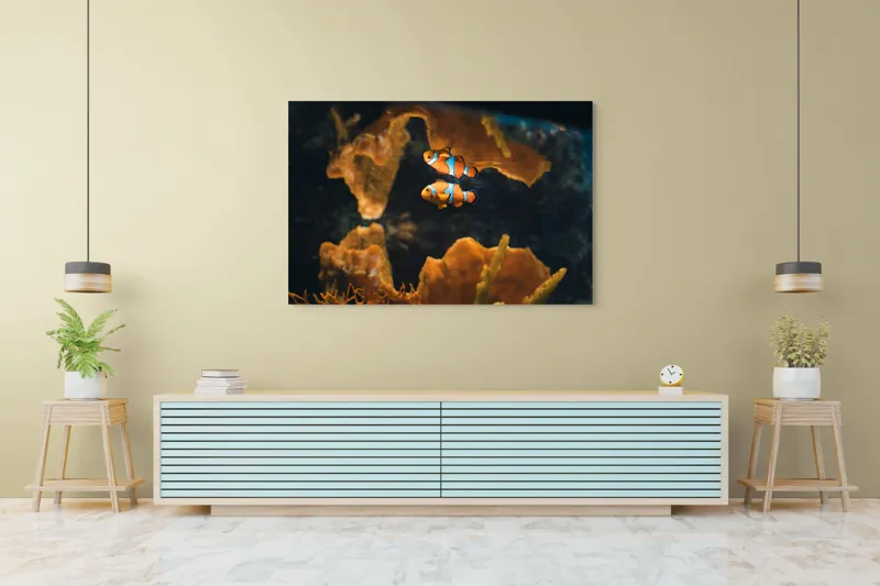 Tablou Canvas, "Pești clovn în adâncuri marine", Pești, Clovn, Coral, Acvariu, Ocean, Portocaliu, Alb, Negru, 150 x 100 cm – poza 6
