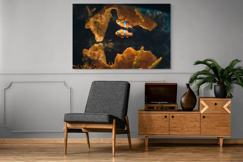 Tablou Canvas, "Pești clovn în adâncuri marine", Pești, Clovn, Coral, Acvariu, Ocean, Portocaliu, Alb, Negru, 150 x 100 cm – poza 8