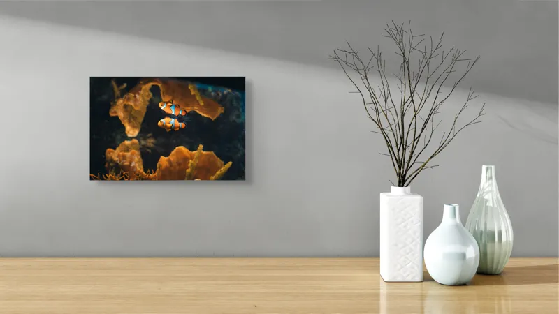 Tablou Canvas, "Pești clovn în adâncuri marine", Pești, Clovn, Coral, Acvariu, Ocean, Portocaliu, Alb, Negru, 39 x 26 cm – poza 8