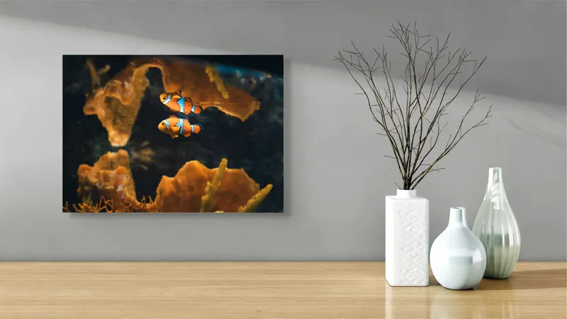 Tablou Canvas, "Pești clovn în adâncuri marine", Pești, Clovn, Coral, Acvariu, Ocean, Portocaliu, Alb, Negru, 54 x 39 cm – poza 3