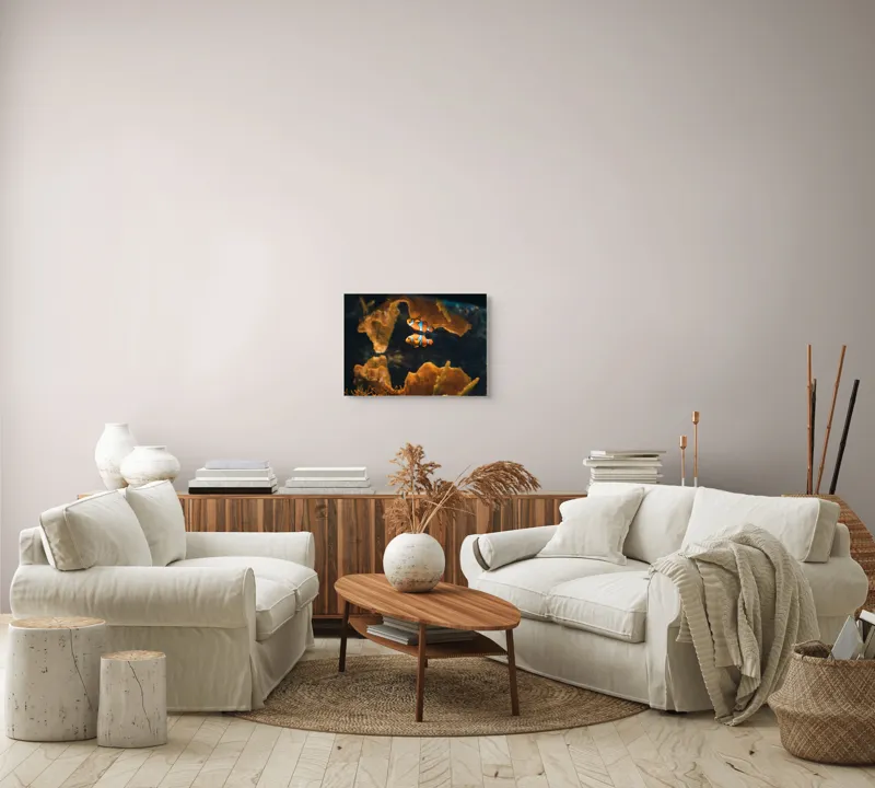 Tablou Canvas, "Pești clovn în adâncuri marine", Pești, Clovn, Coral, Acvariu, Ocean, Portocaliu, Alb, Negru, 54 x 39 cm – poza 5