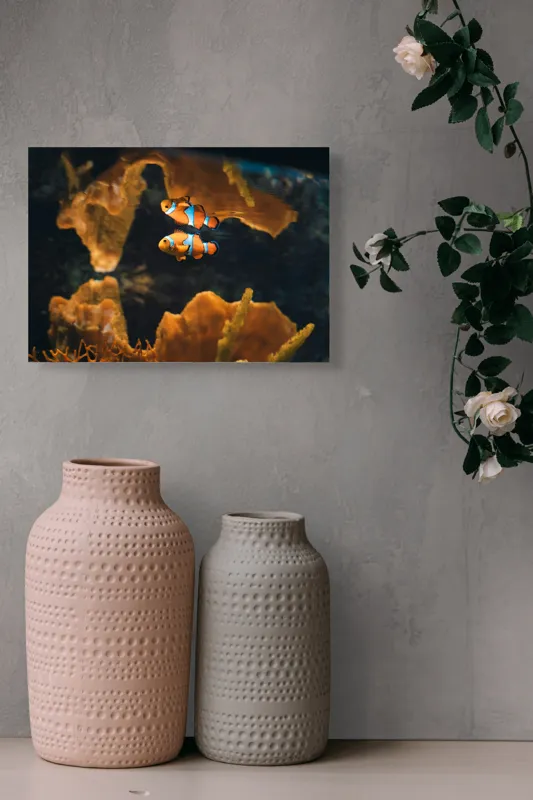Tablou Canvas, "Pești clovn în adâncuri marine", Pești, Clovn, Coral, Acvariu, Ocean, Portocaliu, Alb, Negru, 54 x 39 cm – poza 8