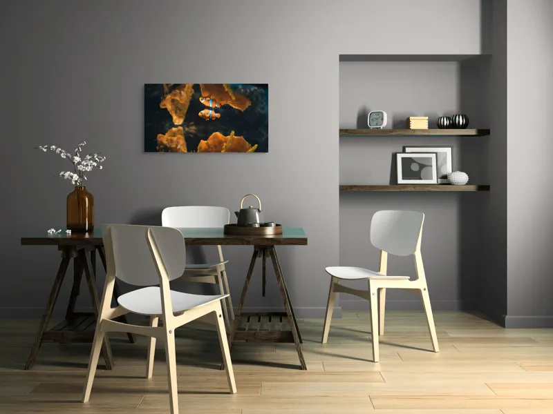 Tablou Canvas, "Pești clovn în adâncuri marine", Pești, Clovn, Coral, Acvariu, Ocean, Portocaliu, Alb, Negru, 90 x 50 cm – poza 3