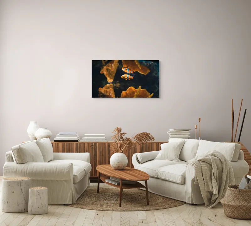 Tablou Canvas, "Pești clovn în adâncuri marine", Pești, Clovn, Coral, Acvariu, Ocean, Portocaliu, Alb, Negru, 90 x 50 cm – poza 4