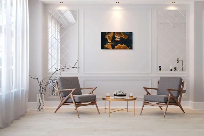 Tablou Canvas, "Pești clovn în adâncuri marine", Pești, Clovn, Coral, Acvariu, Ocean, Portocaliu, Alb, Negru, 90 x 50 cm – poza 7