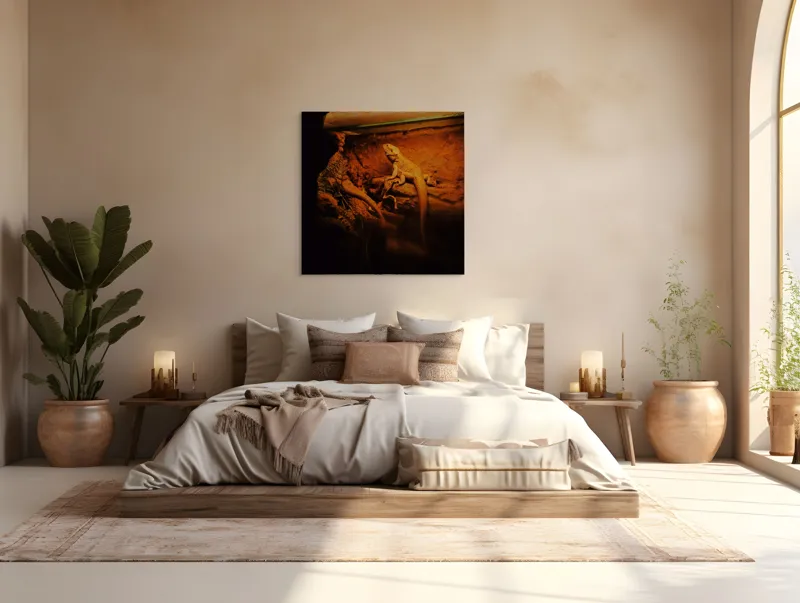 Tablou Canvas, "Dragonul somnoros în peștera roșie", Lumină, Reptilă, Stâncă, Textură, Frunză, Umbre, Mediu, Natural, Interacțiune, Habitat, 100 x 100 cm – poza 4