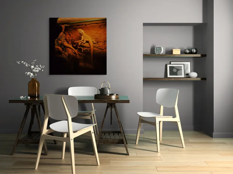 Tablou Canvas, "Dragonul somnoros în peștera roșie", Lumină, Reptilă, Stâncă, Textură, Frunză, Umbre, Mediu, Natural, Interacțiune, Habitat, 100 x 100 cm – poza 6