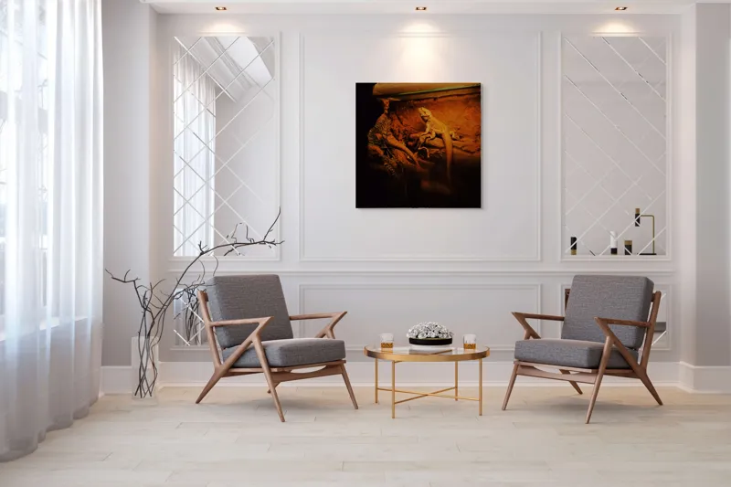 Tablou Canvas, "Dragonul somnoros în peștera roșie", Lumină, Reptilă, Stâncă, Textură, Frunză, Umbre, Mediu, Natural, Interacțiune, Habitat, 100 x 100 cm – poza 7