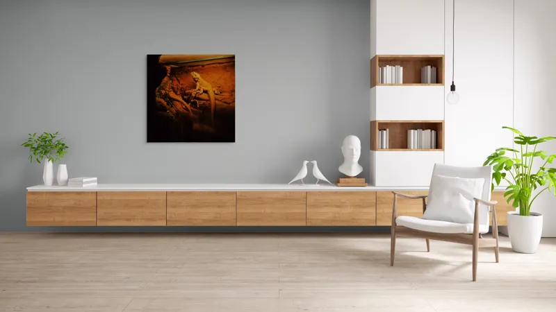 Tablou Canvas, "Dragonul somnoros în peștera roșie", Lumină, Reptilă, Stâncă, Textură, Frunză, Umbre, Mediu, Natural, Interacțiune, Habitat, 100 x 100 cm – poza 8