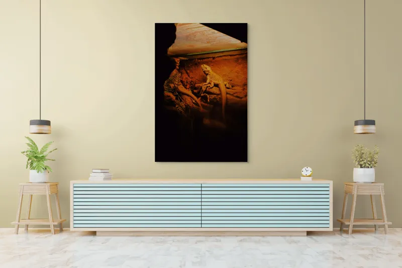 Tablou Canvas, "Dragonul somnoros în peștera roșie", Lumină, Reptilă, Stâncă, Textură, Frunză, Umbre, Mediu, Natural, Interacțiune, Habitat, 100 x 150 cm – poza 4