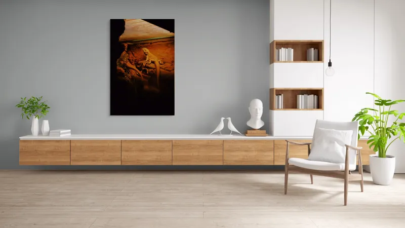 Tablou Canvas, "Dragonul somnoros în peștera roșie", Lumină, Reptilă, Stâncă, Textură, Frunză, Umbre, Mediu, Natural, Interacțiune, Habitat, 100 x 150 cm – poza 8