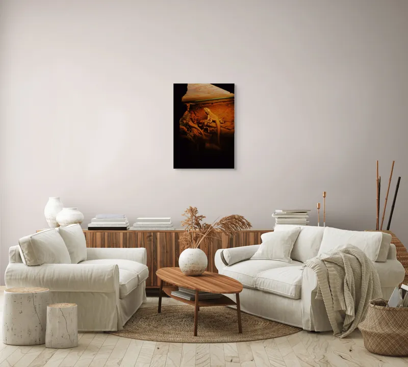 Tablou Canvas, "Dragonul somnoros în peștera roșie", Lumină, Reptilă, Stâncă, Textură, Frunză, Umbre, Mediu, Natural, Interacțiune, Habitat, 50 x 70 cm – poza 4