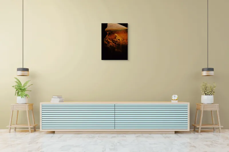 Tablou Canvas, "Dragonul somnoros în peștera roșie", Lumină, Reptilă, Stâncă, Textură, Frunză, Umbre, Mediu, Natural, Interacțiune, Habitat, 50 x 70 cm – poza 6