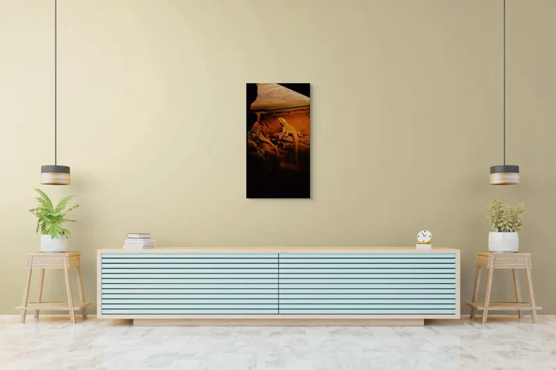 Tablou Canvas, "Dragonul somnoros în peștera roșie", Lumină, Reptilă, Stâncă, Textură, Frunză, Umbre, Mediu, Natural, Interacțiune, Habitat, 50 x 90 cm – poza 6