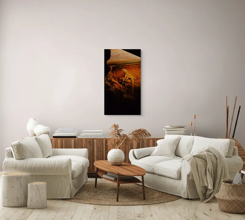 Tablou Canvas, "Dragonul somnoros în peștera roșie", Lumină, Reptilă, Stâncă, Textură, Frunză, Umbre, Mediu, Natural, Interacțiune, Habitat, 50 x 90 cm – poza 7