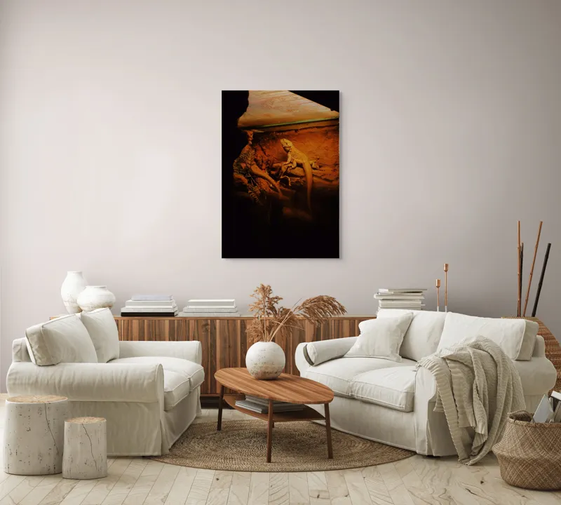 Tablou Canvas, "Dragonul somnoros în peștera roșie", Lumină, Reptilă, Stâncă, Textură, Frunză, Umbre, Mediu, Natural, Interacțiune, Habitat, 70 x 100 cm – poza 4