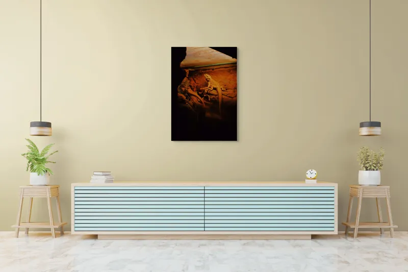 Tablou Canvas, "Dragonul somnoros în peștera roșie", Lumină, Reptilă, Stâncă, Textură, Frunză, Umbre, Mediu, Natural, Interacțiune, Habitat, 70 x 100 cm – poza 5