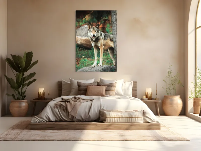 Tablou Canvas, "Lupul privește din pădurea deasă", Lup, Pădure, Stâncă, Blană, Vegetație, Privire, Sălbatic, Natură, 100 x 150 cm – poza 3