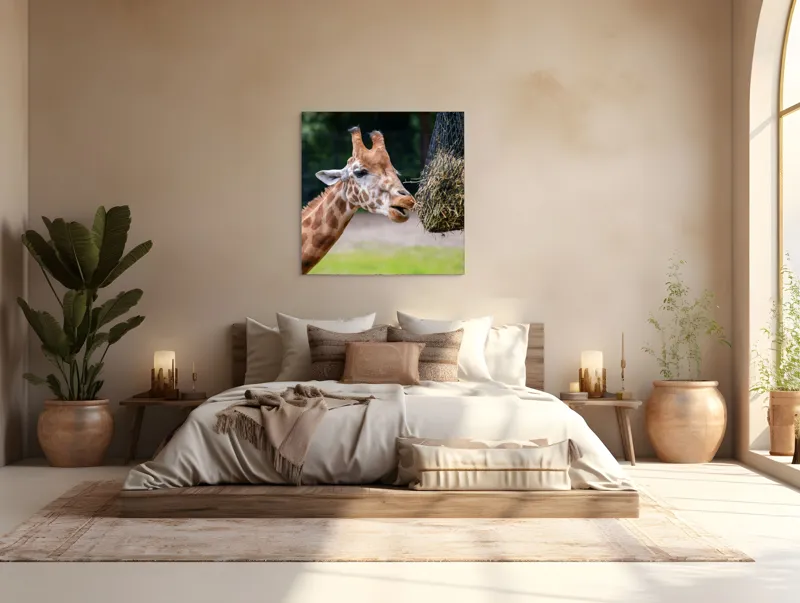 Tablou Canvas, "Girafa savurând prânzul suspendat", Giraffe, Patches, Browsing, Tall, Eating, Nature, 100 x 100 cm – poza 4