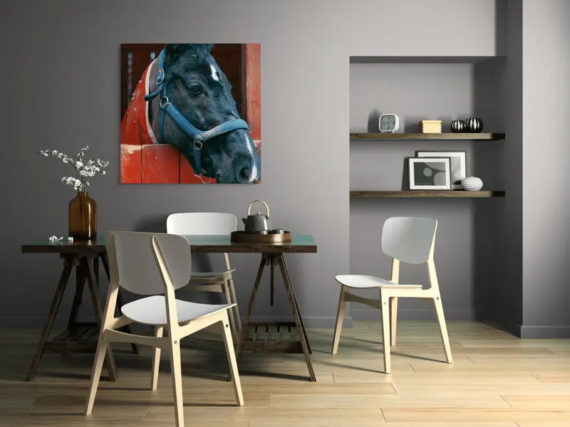 Tablou Canvas, "Calul nobil privește zarea liniștit", Cal, Zgarda, Negru, Lemn, Adăpost, Privire, Blândă, Ham, Dungă, Albă., 100 x 100 cm – poza 6