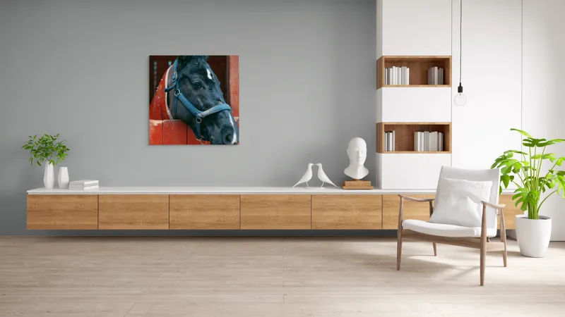 Tablou Canvas, "Calul nobil privește zarea liniștit", Cal, Zgarda, Negru, Lemn, Adăpost, Privire, Blândă, Ham, Dungă, Albă., 100 x 100 cm – poza 8