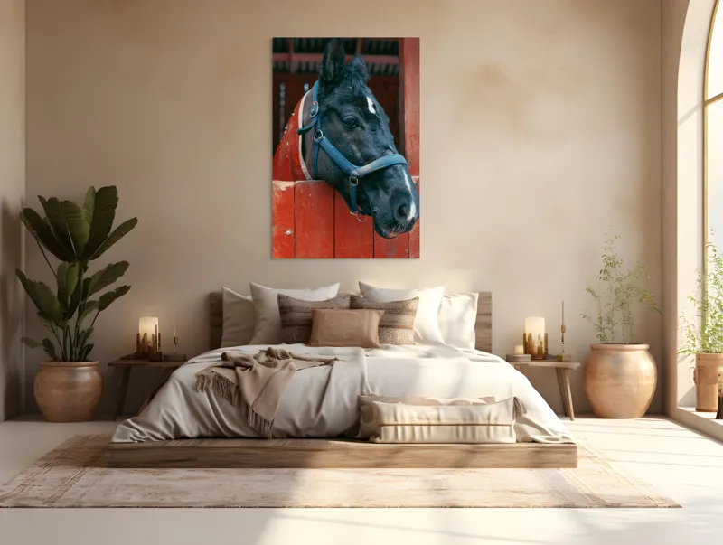 Tablou Canvas, "Calul nobil privește zarea liniștit", Cal, Zgarda, Negru, Lemn, Adăpost, Privire, Blândă, Ham, Dungă, Albă., 100 x 150 cm – poza 3