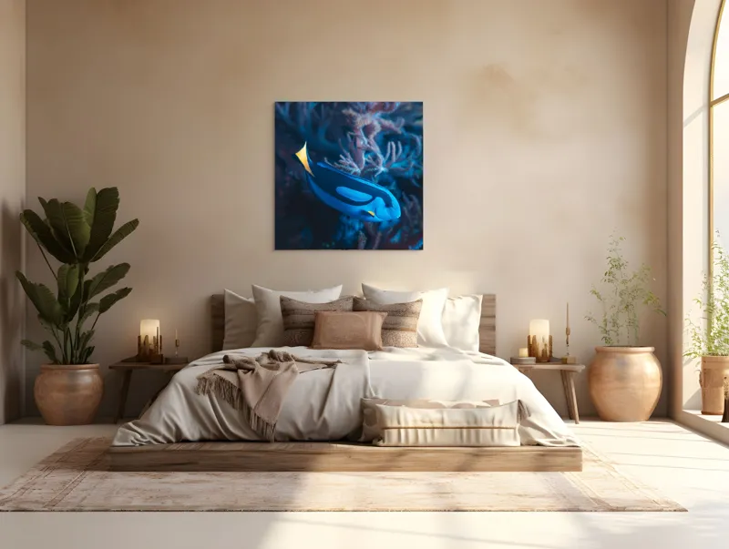 Tablou Canvas, "Peștișor azuriu în adâncurile oceanului", Albastru, Vibrant, Coral, Acvatic, Înotător, Oceanic, Exotism, Grație, Eleganță, Natură, 100 x 100 cm – poza 4