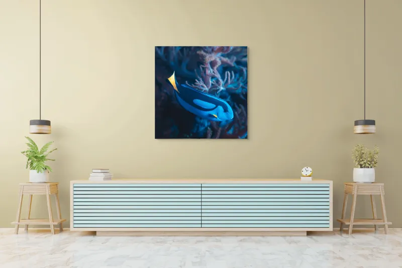 Tablou Canvas, "Peștișor azuriu în adâncurile oceanului", Albastru, Vibrant, Coral, Acvatic, Înotător, Oceanic, Exotism, Grație, Eleganță, Natură, 100 x 100 cm – poza 5