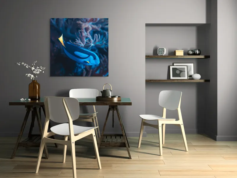 Tablou Canvas, "Peștișor azuriu în adâncurile oceanului", Albastru, Vibrant, Coral, Acvatic, Înotător, Oceanic, Exotism, Grație, Eleganță, Natură, 100 x 100 cm – poza 6