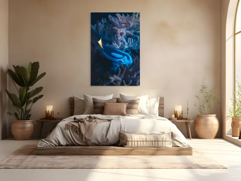 Tablou Canvas, "Peștișor azuriu în adâncurile oceanului", Albastru, Vibrant, Coral, Acvatic, Înotător, Oceanic, Exotism, Grație, Eleganță, Natură, 100 x 150 cm – poza 3