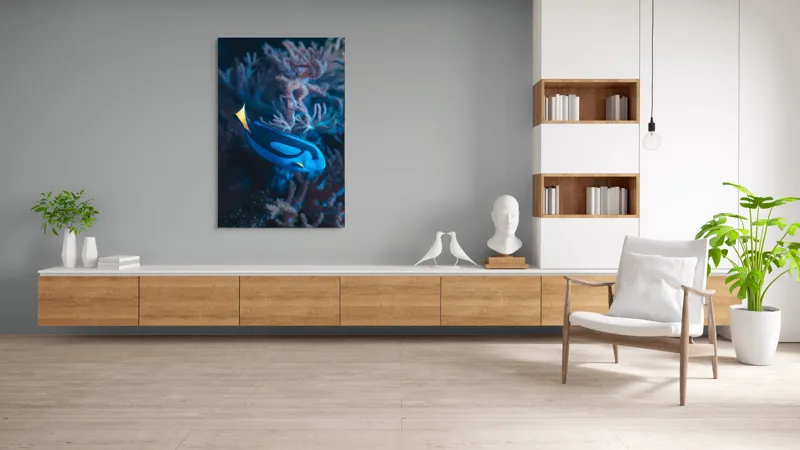 Tablou Canvas, "Peștișor azuriu în adâncurile oceanului", Albastru, Vibrant, Coral, Acvatic, Înotător, Oceanic, Exotism, Grație, Eleganță, Natură, 100 x 150 cm – poza 8