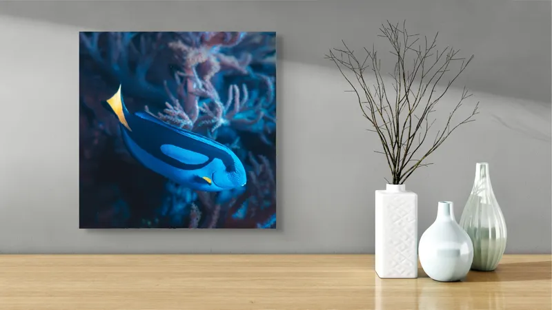 Tablou Canvas, "Peștișor azuriu în adâncurile oceanului", Albastru, Vibrant, Coral, Acvatic, Înotător, Oceanic, Exotism, Grație, Eleganță, Natură, 50 x 50 cm – poza 3