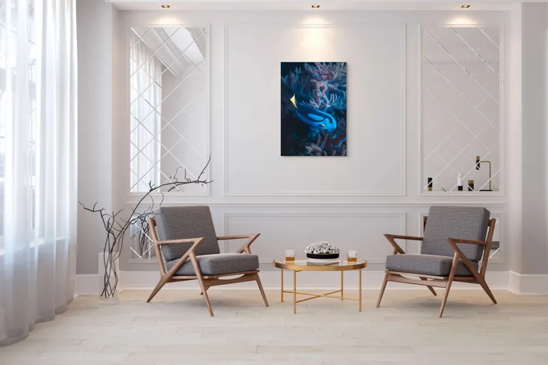 Tablou Canvas, "Peștișor azuriu în adâncurile oceanului", Albastru, Vibrant, Coral, Acvatic, Înotător, Oceanic, Exotism, Grație, Eleganță, Natură, 70 x 100 cm – poza 8