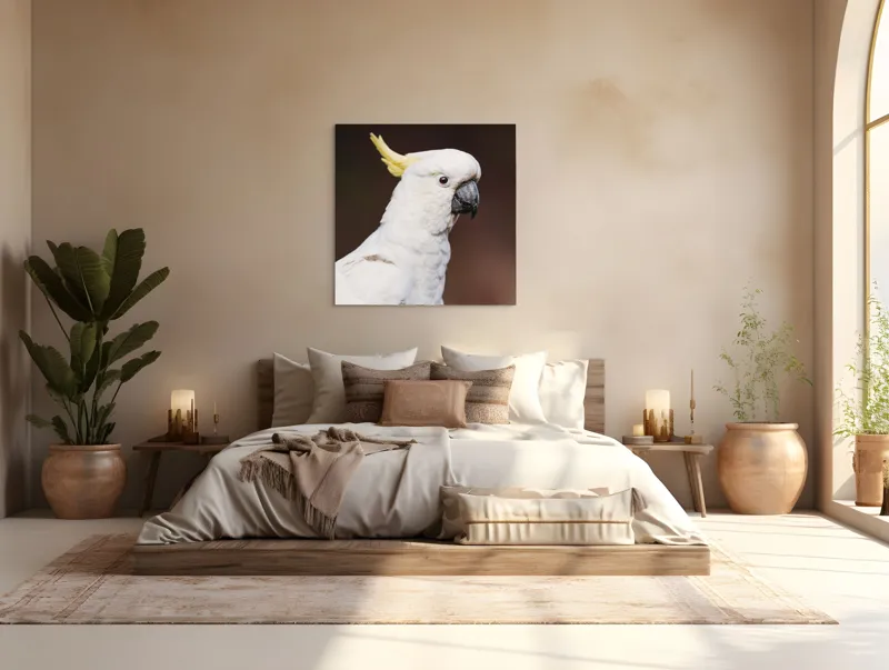 Tablou Canvas, "Papagalul alb cu moț galben", Pasăre, Cacadu, Alb, Creastă, Cioc, Pene, Culoare, Ochii, Frumos., 100 x 100 cm – poza 4