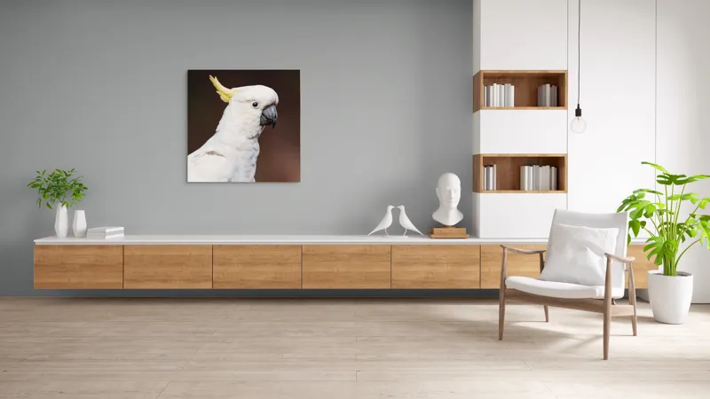 Tablou Canvas, "Papagalul alb cu moț galben", Pasăre, Cacadu, Alb, Creastă, Cioc, Pene, Culoare, Ochii, Frumos., 100 x 100 cm – poza 8