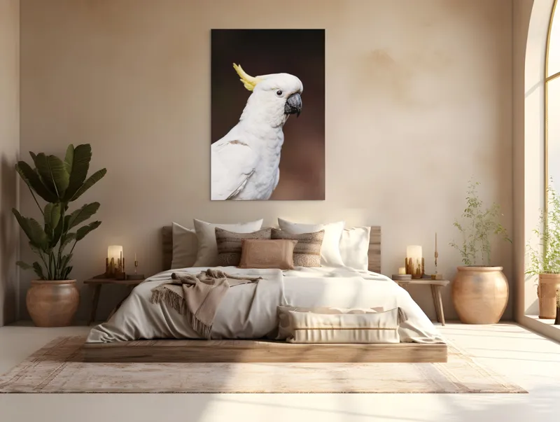 Tablou Canvas, "Papagalul alb cu moț galben", Pasăre, Cacadu, Alb, Creastă, Cioc, Pene, Culoare, Ochii, Frumos., 100 x 150 cm – poza 3