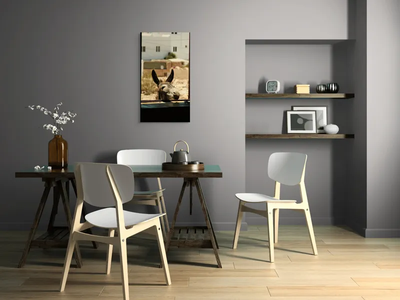 Tablou Canvas, "Măgar curios la fereastră deschisă", Urechi, Fereastră, Măgar, Clădiri, Cer, Curiozitate, Soare, 50 x 90 cm – poza 4