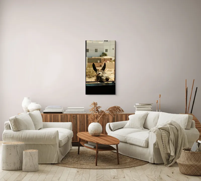 Tablou Canvas, "Măgar curios la fereastră deschisă", Urechi, Fereastră, Măgar, Clădiri, Cer, Curiozitate, Soare, 50 x 90 cm – poza 7
