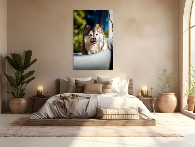 Tablou Canvas, "Câine vesel în lumina soarelui", Câine, Fluffy, Zâmbitor, Blană, Lumină, Natură, Fundal, Verde, Portret, Fericire, 100 x 150 cm – poza 3