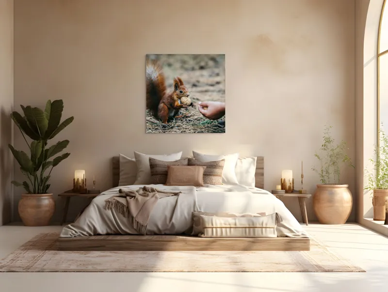 Tablou Canvas, "Întâlnire prietenoasă în pădurea de pin", Sconcs, Arahide, Blană, Coada, Pământ, Interacțiune, Mână, Natură., 100 x 100 cm – poza 4