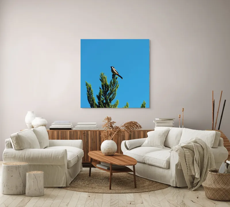 Tablou Canvas, "Pasărea pe ramură sub cer senin", Pasăre, Ramură, Albastru, Cer, Natură, Verde, Frunziș, Calm, Solitudine, Liniște, 100 x 100 cm – poza 3
